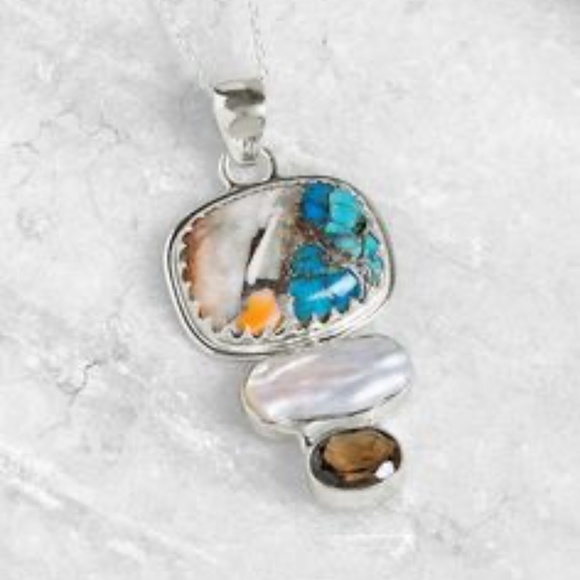 Oyster and Mohave Turquoise Pendant Necklace 18” 925 Silver - Picture 3 of 5